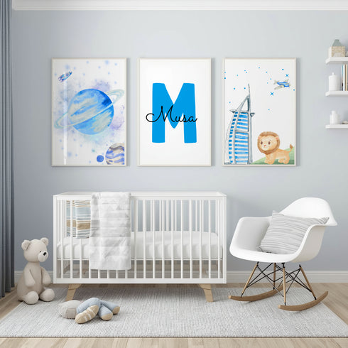 Personalized Dubai Kids (Boys) Wall Art - 3 Piece Framed Set (A3/A4)